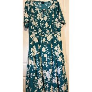 Torrid Womens Teal White Floral Tea Length Studio Crepe De Chine Tiered Dress 2X